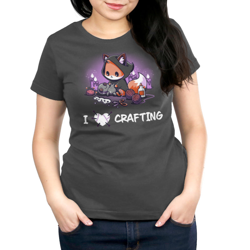 Premium Cotton T-shirt_TeeTurtle charcoal gray I <3 Crafting. Featuring a hooded fox crafting a voodoo doll.