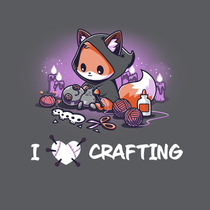 Premium Cotton T-shirt_TeeTurtle charcoal gray I <3 Crafting. Featuring a hooded fox crafting a voodoo doll.