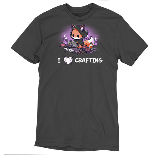 Premium Cotton T-shirt_TeeTurtle charcoal gray I <3 Crafting. Featuring a hooded fox crafting a voodoo doll.