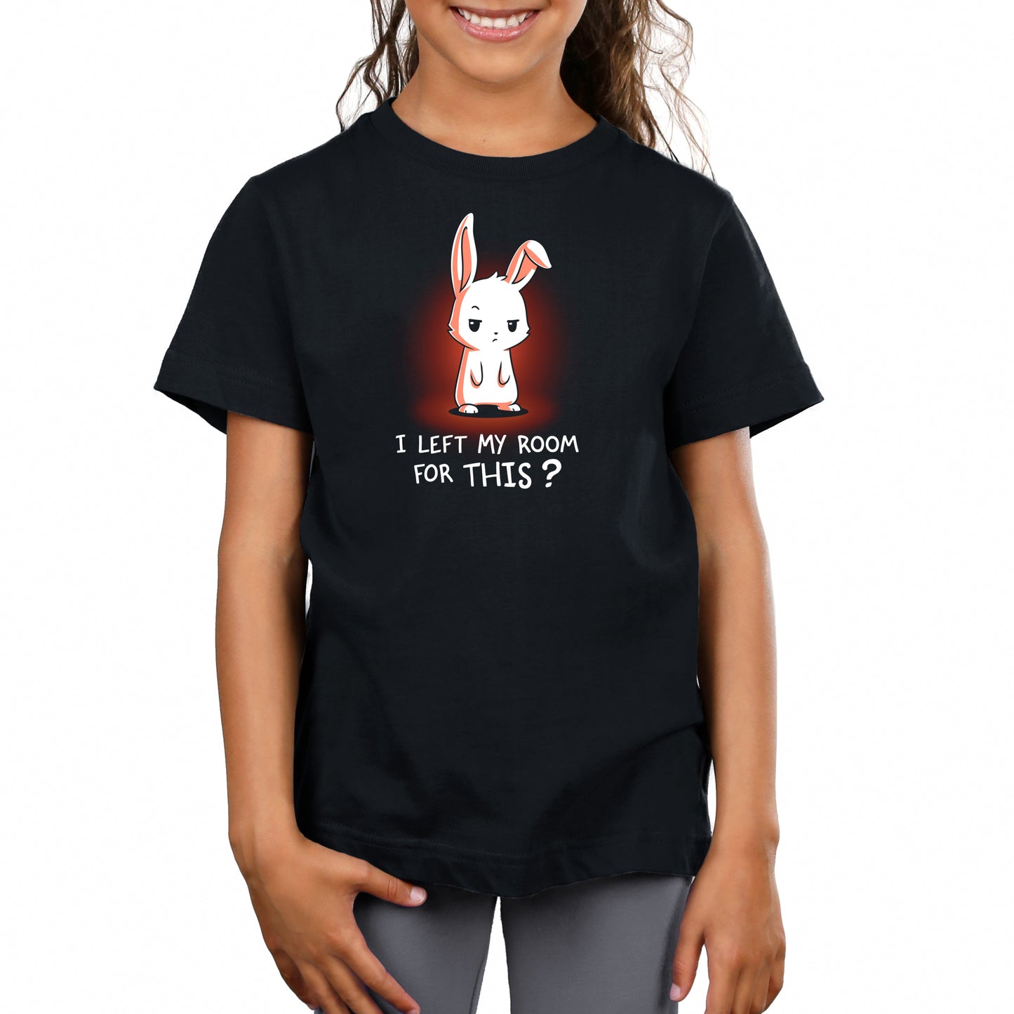 Premium Cotton T-shirt_TeeTurtle  I Left My Room For This? black t-shirt featuring a sarcastic bunny.