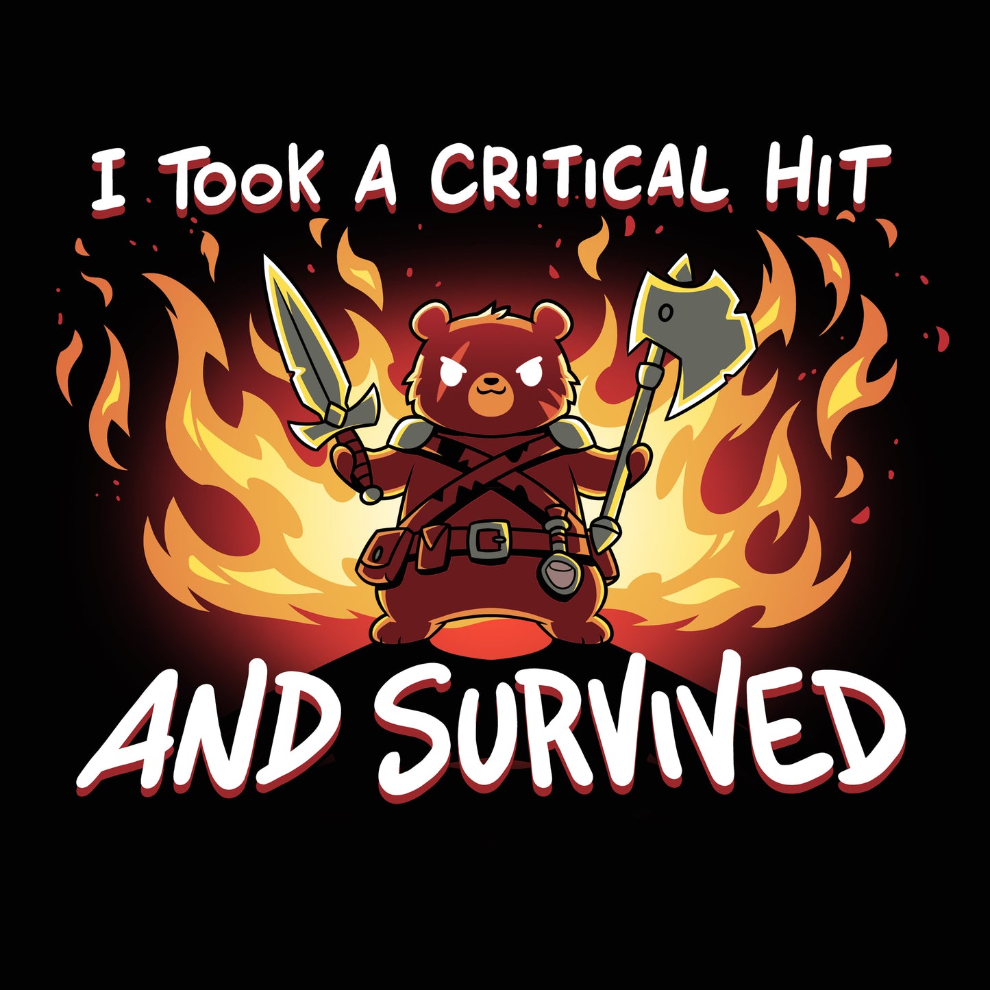 Premium Cotton T-shirt_TeeTurtle I Took A Critical Hit and Survived black t-shirt featuring a bear warrior holding a sword and an axe stands in front of flames.