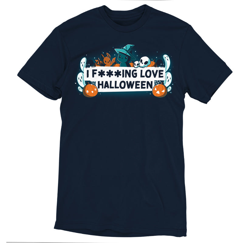 Premium Cotton T-shirt_TeeTurtle I F***ing Love Halloween navy blue t-shirt featuring the words "I F***ING LOVE HALLOWEEN" written in a black font on a white background surrounded by white ghosts, a black cat wearing a witch's hat, black spiders, pumpkins and jack-o-lanterns, white skulls and an evil bunny with bat wings.