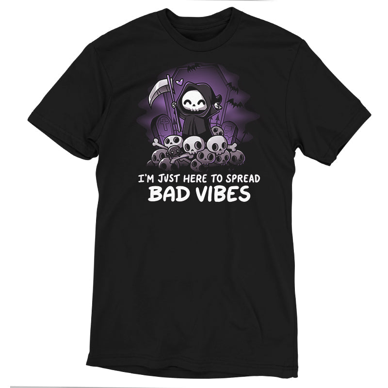 Premium Cotton T-shirt_TeeTurtle I'm just here to spread bad vibes black t-shirt featuring a grim reaper with a scythe.