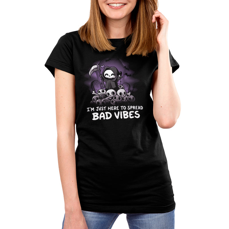 Premium Cotton T-shirt_TeeTurtle I'm just here to spread bad vibes black t-shirt featuring a grim reaper with a scythe.