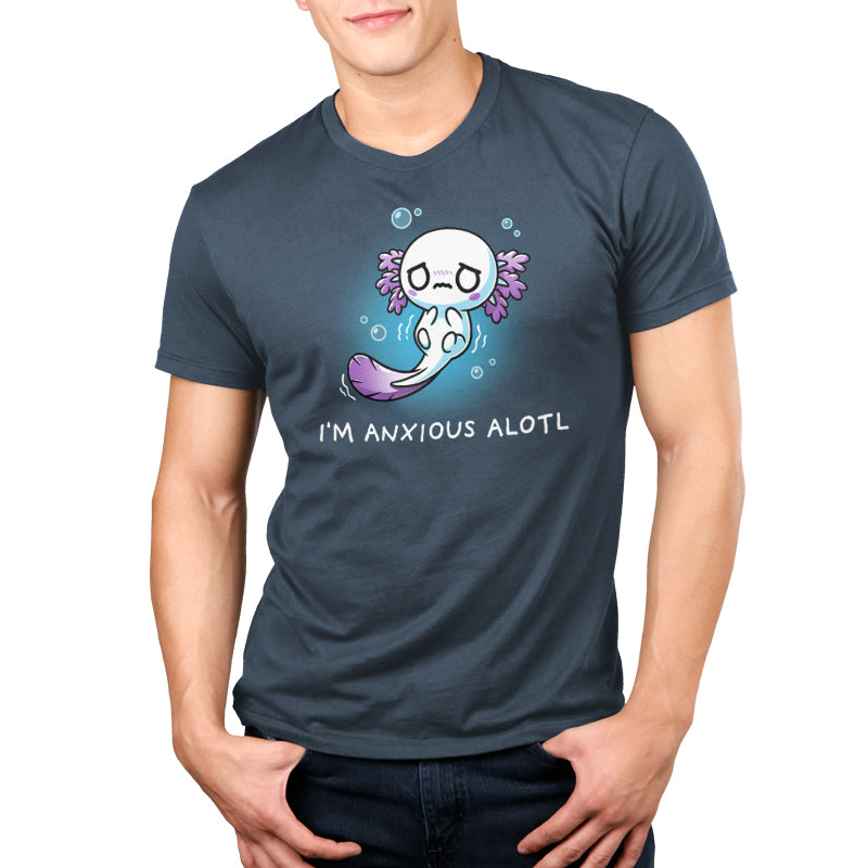 Premium Cotton T-shirt_TeeTurtle I'm Anxious Alotl denim blue t-shirt featuring an axolotl with a worried expression, surrounded by bubbles.
