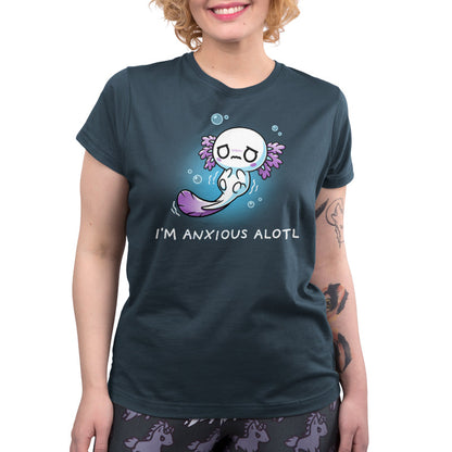 Premium Cotton T-shirt_TeeTurtle I'm Anxious Alotl denim blue t-shirt featuring an axolotl with a worried expression, surrounded by bubbles.
