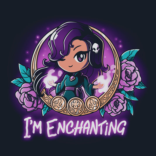 Premium Cotton T-shirt_TeeTurtle I'm Enchanting navy blue t-shirt featuring an illustration of a girl positioned within a gold-edged, ornate frame decorated with purple flowers and leaves winking her purple eyes with a white skull in her purple hair. 