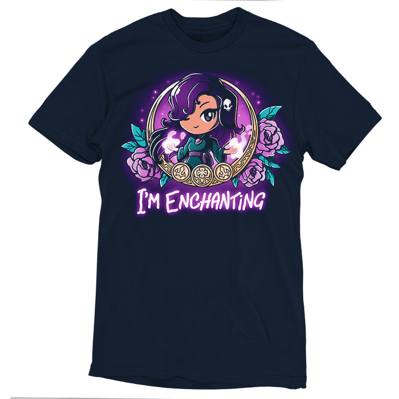 Premium Cotton T-shirt_TeeTurtle I'm Enchanting navy blue t-shirt featuring an illustration of a girl positioned within a gold-edged, ornate frame decorated with purple flowers and leaves winking her purple eyes with a white skull in her purple hair. "I'M ENCHANTING" is written underneath.