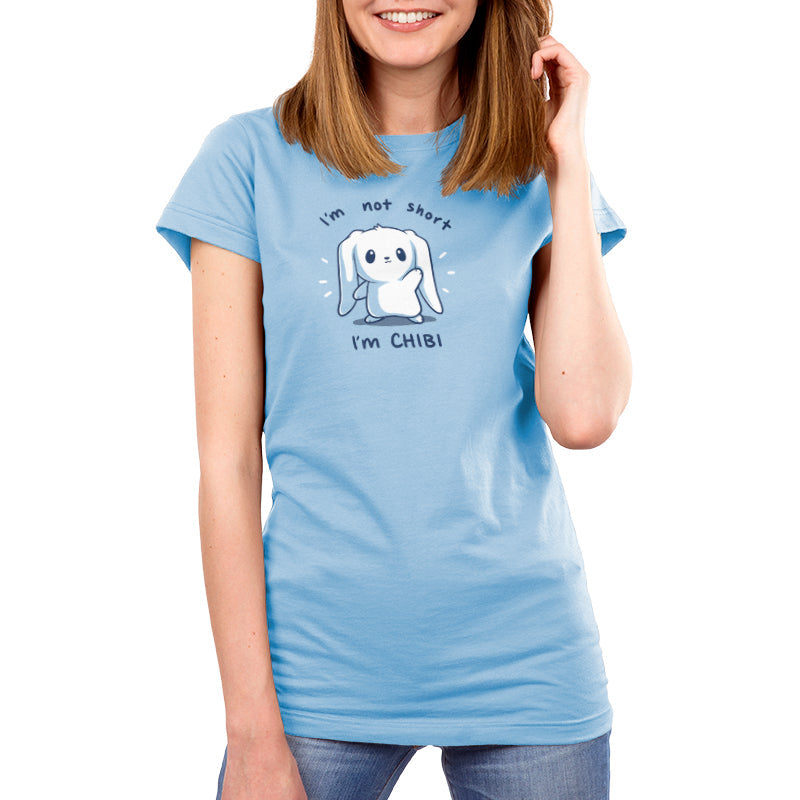 Premium Cotton T-shirt_TeeTurtle I'm Not Short, I'm Chibi! light blue t-shirt featuring a white bunny with long floppy ears waving. "I'm not short" is written on top, and "I'm CHIBI" is written underneath.