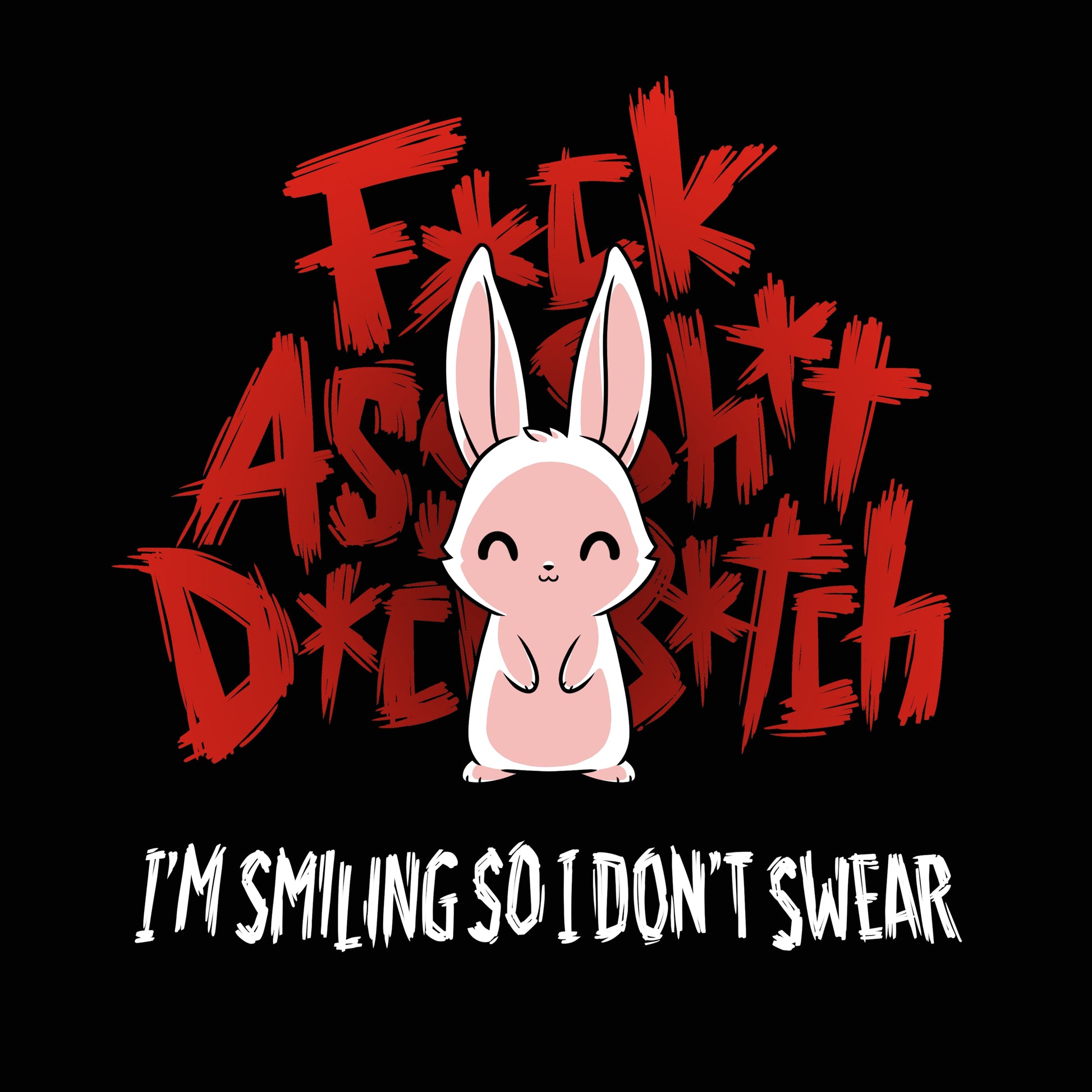 Premium Cotton T-shirt_TeeTurtle I'm Smiling so I Don't Swear black t-shirt featuring a bunny smiling in front of angry, censored profanities in red. The text reads, "I’m smiling so I don’t swear."