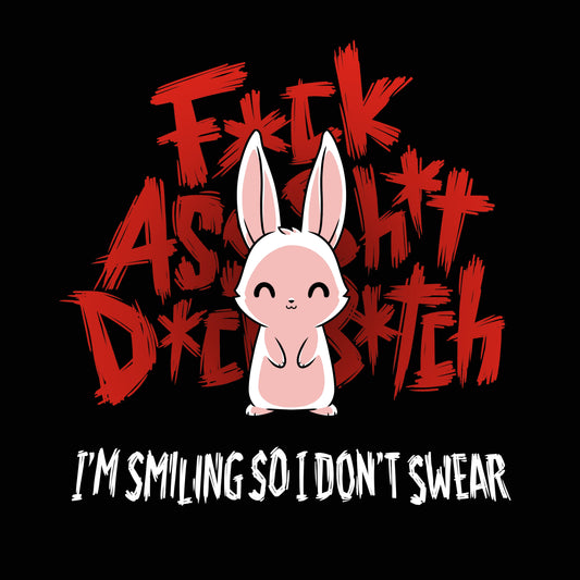 Premium Cotton T-shirt_TeeTurtle I'm Smiling so I Don't Swear black t-shirt featuring a bunny smiling in front of angry, censored profanities in red. The text reads, 