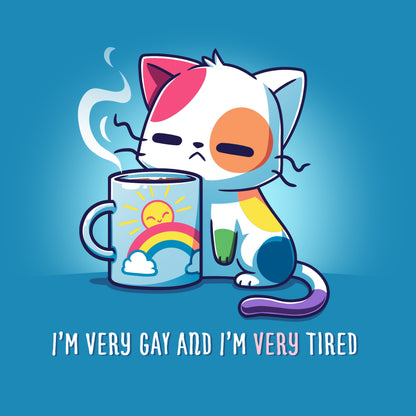 Premium Cotton T-shirt_TeeTurtle I'm Very Gay And Very Tired Cobalt Blue t-shirt featuring a cartoon cat with colorful patches holds a steaming cup featuring a rainbow and the sun. Text below reads, "I'm Very Gay and Very Tired" 