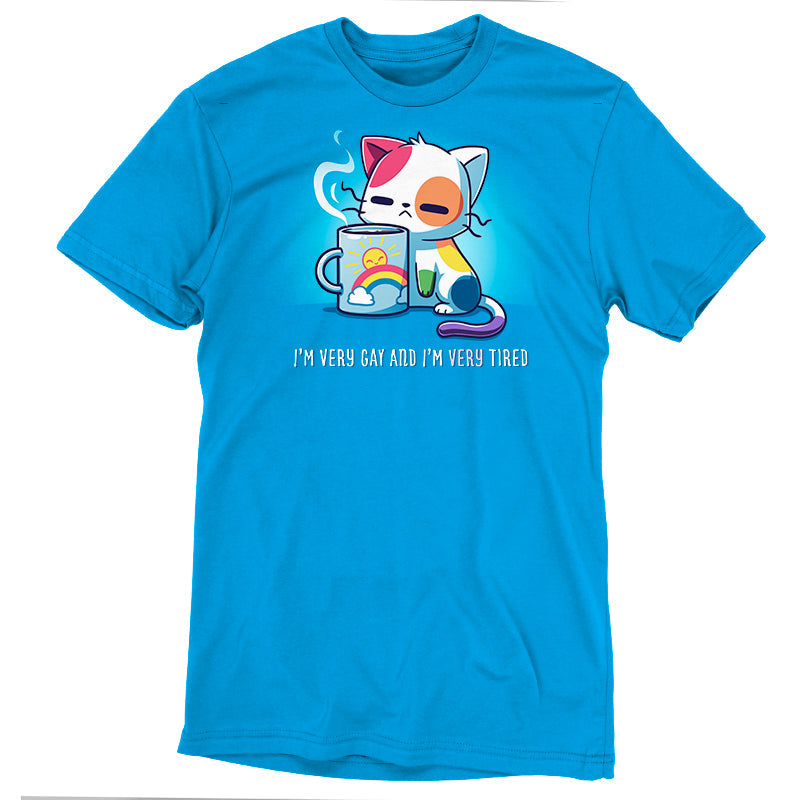 Premium Cotton T-shirt_TeeTurtle I'm Very Gay And Very Tired Cobalt Blue t-shirt featuring a cartoon cat with colorful patches holds a steaming cup featuring a rainbow and the sun. Text below reads, "I'm Very Gay and Very Tired" 