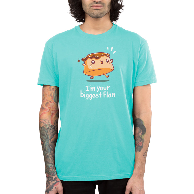 Premium Cotton T-shirt_Teeturtle I'm Your Biggest Flan Caribbean Blue Featuring a happy cartoon Flan with its arms outstretched with 'I'm your Biggest Flan' written beneath.