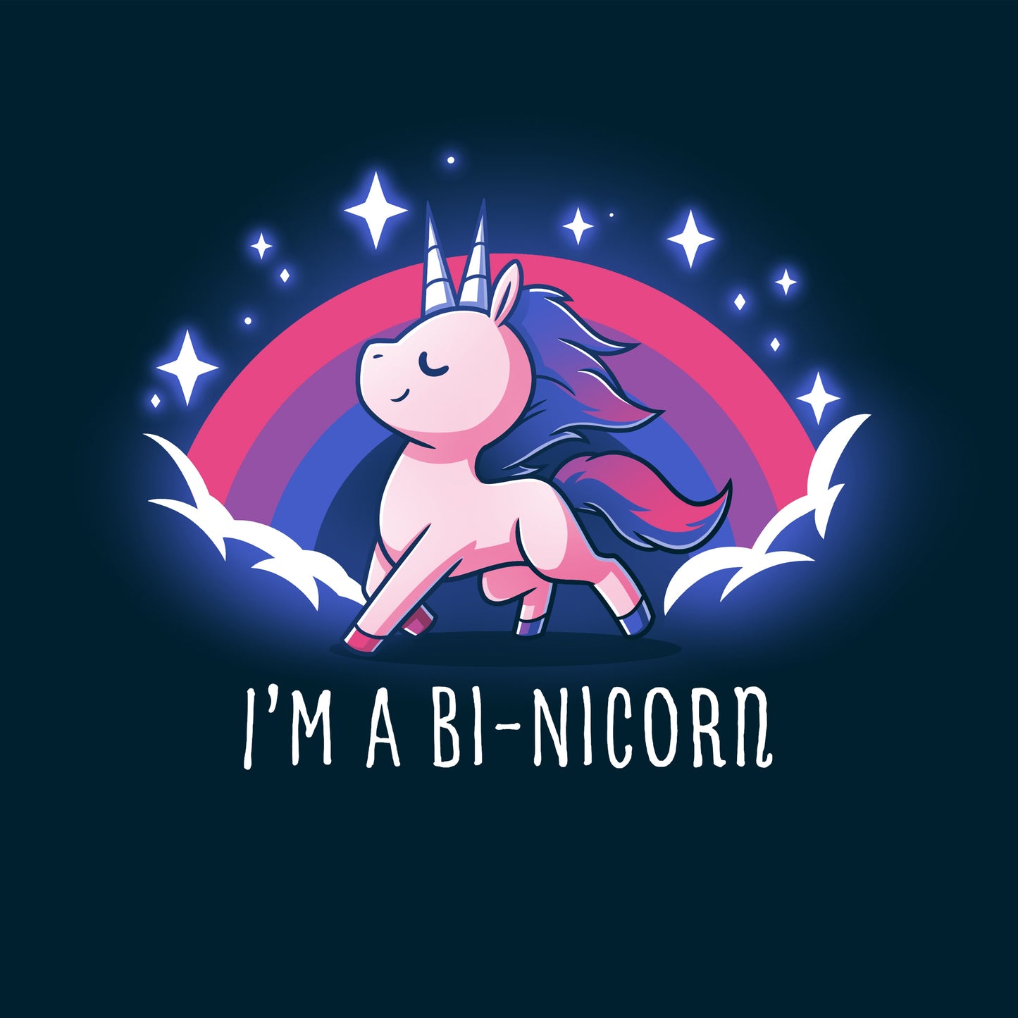 Premium Cotton T-shirt_TeeTurtle I'm a Bi-Nicorn navy blue t-shirt featuring a pride unicorn with two horns and a pink purple and blue flag behind it.