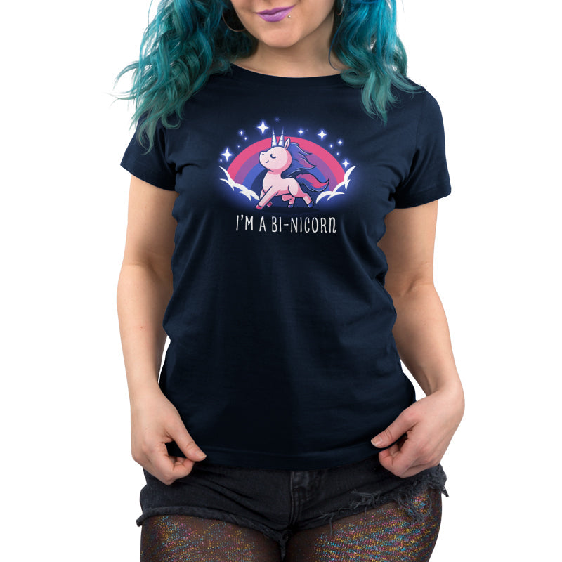 Premium Cotton T-shirt_TeeTurtle I'm a Bi-Nicorn navy blue t-shirt featuring a pride unicorn with two horns and a pink purple and blue flag behind it.