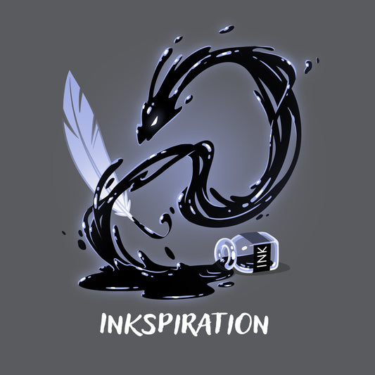 Premium Cotton T-shirt_TeeTurtle Inkspiration charcoal gray t-shirt featuring a feather quill that appears to transform into a black dragon-like swirl above an ink bottle, with the word 