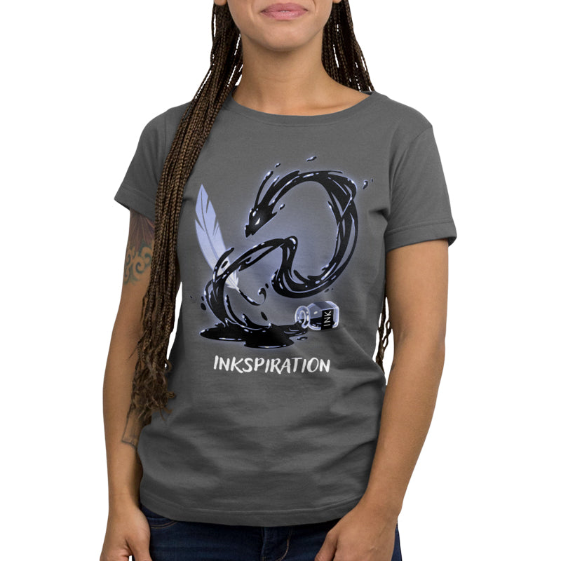 Premium Cotton T-shirt_TeeTurtle Inkspiration charcoal gray t-shirt featuring a feather quill that appears to transform into a black dragon-like swirl above an ink bottle, with the word "INKSPIRATION" below.