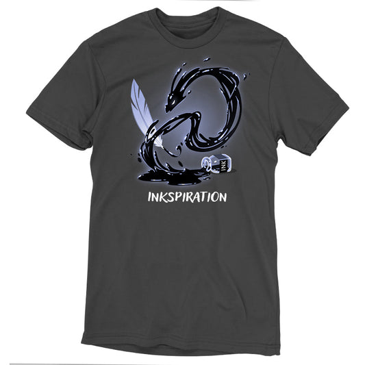 Premium Cotton T-shirt_TeeTurtle Inkspiration charcoal gray t-shirt featuring a feather quill that appears to transform into a black dragon-like swirl above an ink bottle, with the word 