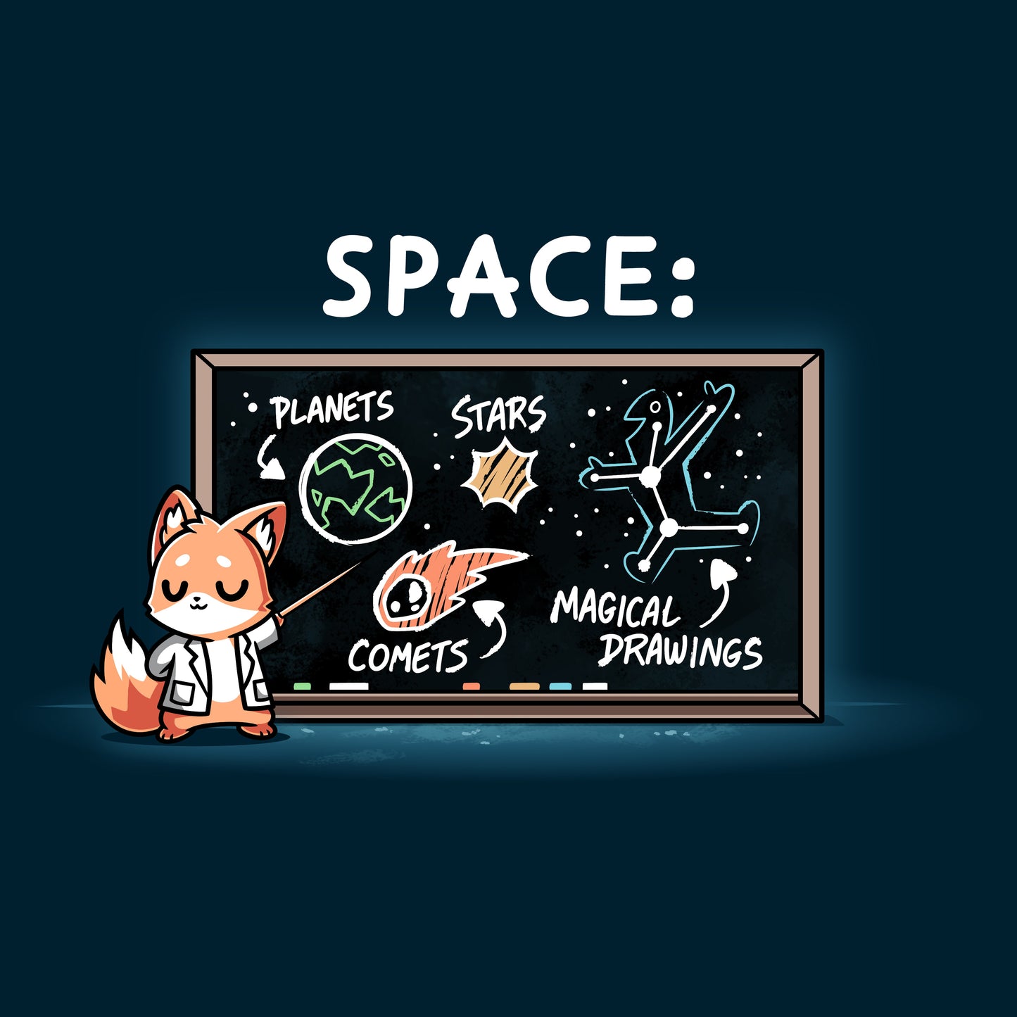 Premium Cotton T-shirt - A cartoon fox in a lab coat points to a chalkboard covered with space drawings of planets, stars, comets, and magical illustrations labeled "INTERSTELLAR KNOWLEDGE," while wearing a navy blue apparel made of super soft ringspun cotton from monsterdigital.