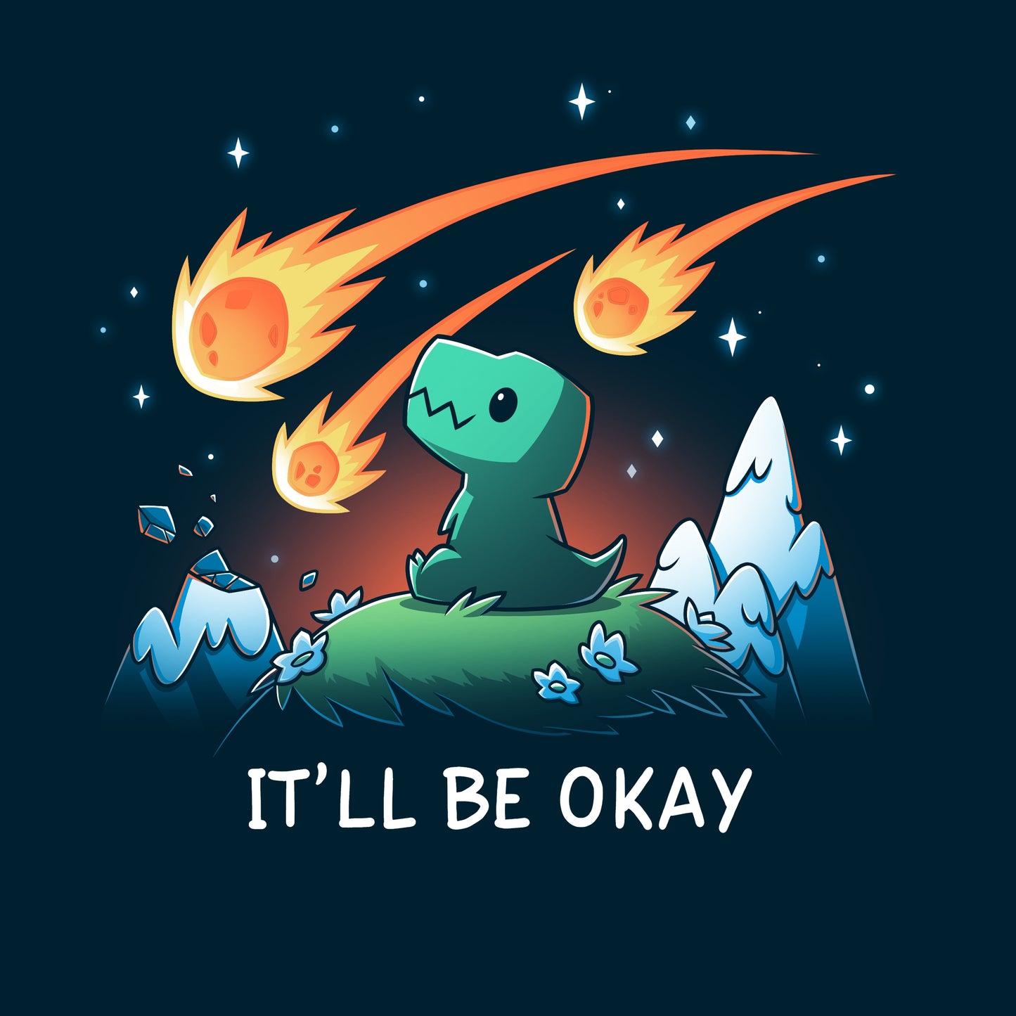 Premium Cotton T-shirt_TeeTurtle It'll Be Okay navy blue t-shirt featuring a green dinosaur who sits on a grassy hill with comet-like objects falling from the sky around them with the words "IT'LL BE OKAY" below them. 