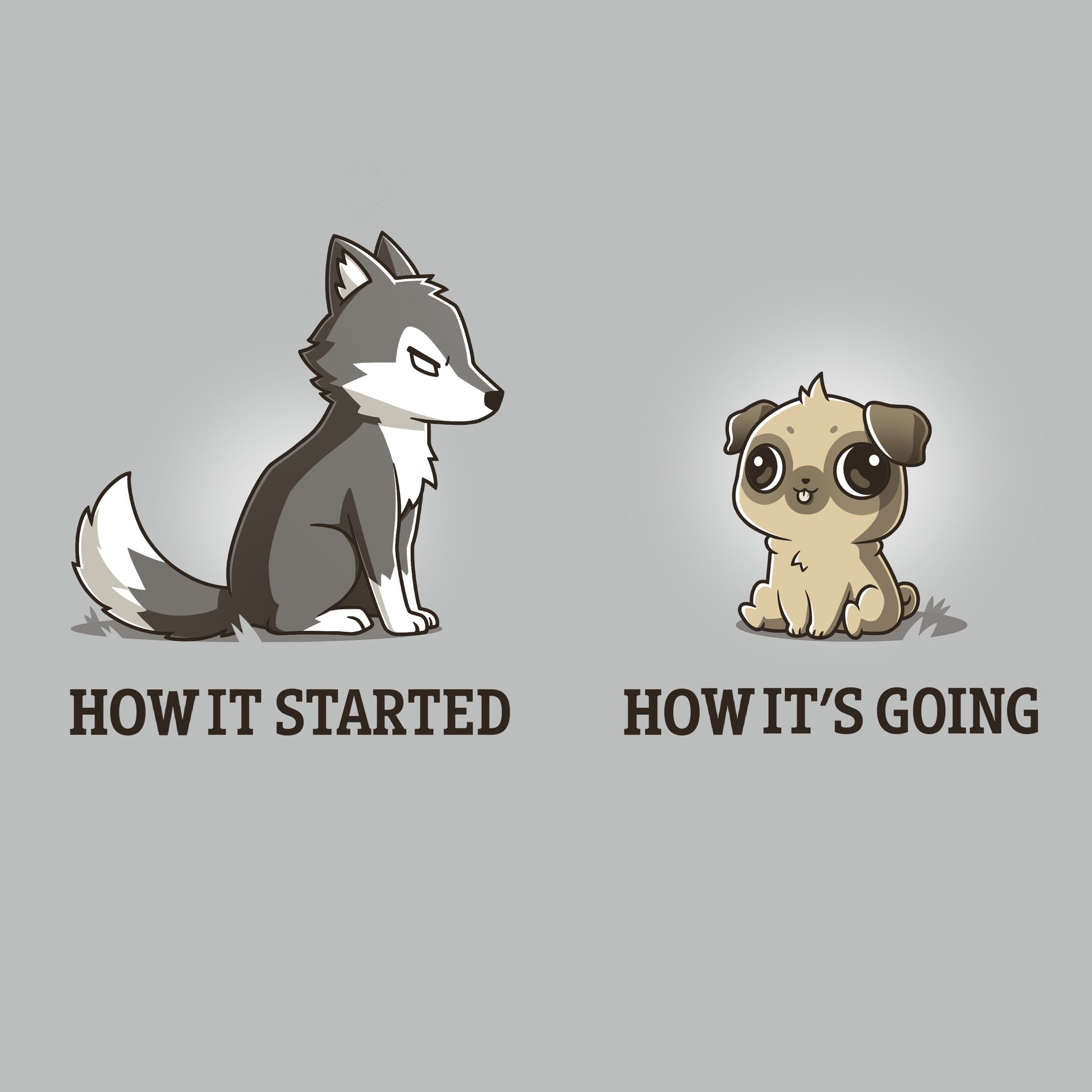 Premium Cotton T-shirt_TeeTurtle It's Going Great silver gray t-shirt featuring a wolf with text that reads "how it started", next to a small dog with text that reads "how it's going."