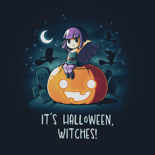 Premium Cotton T-shirt_TeeTurtle It's Halloween, Witches! navy blue t-shirt featuring an illustration of a witch with purple hair wearing a green dress with purple tights sitting on top of a large, smiling orange jack-o-lantern in a graveyard filled with tombstones that say R.I.P. The background features silhouettes of three black witches on broomsticks flying in the starry sky that features a quarter moon. 