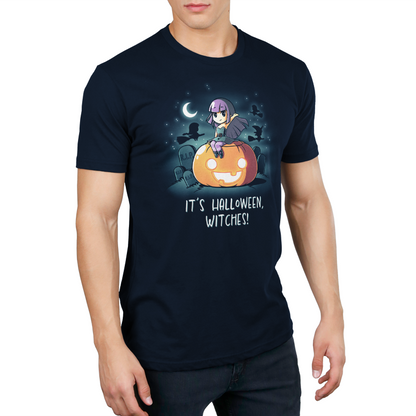 Premium Cotton T-shirt_TeeTurtle It's Halloween, Witches! navy blue t-shirt featuring an illustration of a witch with purple hair wearing a green dress with purple tights sitting on top of a large, smiling orange jack-o-lantern in a graveyard filled with tombstones that say R.I.P. The background features silhouettes of three black witches on broomsticks flying in the starry sky that features a quarter moon. "IT'S HALLOWEEN WITCHES!" is written underneath.