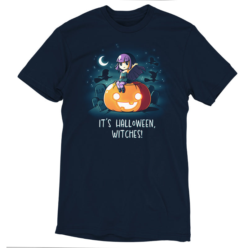 Premium Cotton T-shirt_TeeTurtle It's Halloween, Witches! navy blue t-shirt featuring an illustration of a witch with purple hair wearing a green dress with purple tights sitting on top of a large, smiling orange jack-o-lantern in a graveyard filled with tombstones that say R.I.P. The background features silhouettes of three black witches on broomsticks flying in the starry sky that features a quarter moon. "IT'S HALLOWEEN WITCHES!" is written underneath.