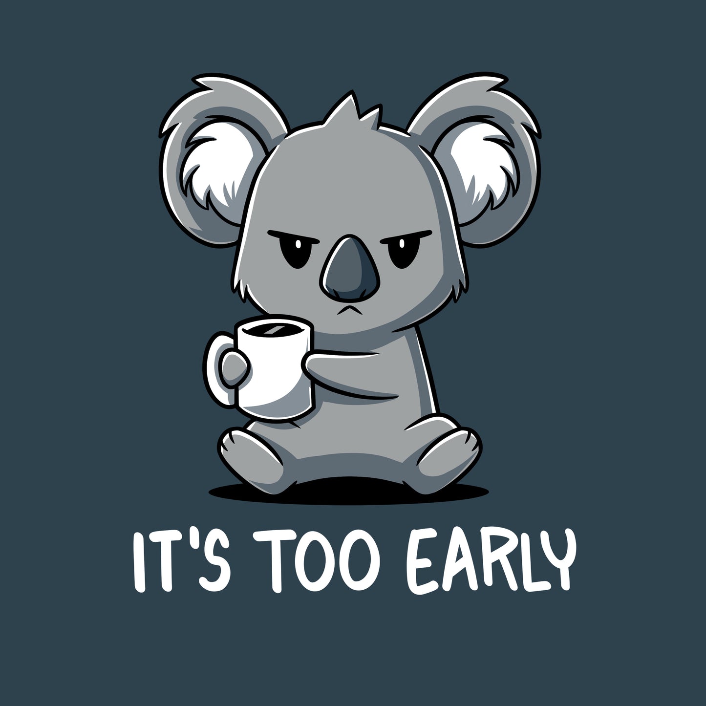 Premium Cotton T-shirt_Teeturtle It's Too Early denim t-shirt featuring a grumpy Koala gripping a cup of coffee with 'It's Too Early' written underneath.