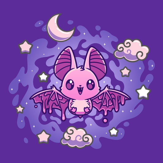 Premium Cotton T-shirt - A cute cartoon bat with pink and purple hues flutters amidst stars, clouds, and a crescent moon on a purple background—a delightful design perfect for an Itty Bitty Bat by monsterdigital.