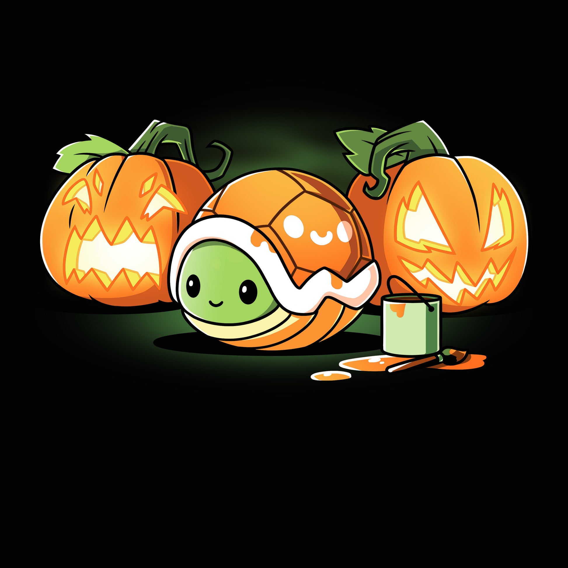 Premium Cotton T-shirt_Teeturtle Jack-o-Lantern Turtle black t-shirt featuring a small turtle is nestled inside an orange shell. It's surrounded by three carved pumpkins with glowing faces and a paint can with a brush.