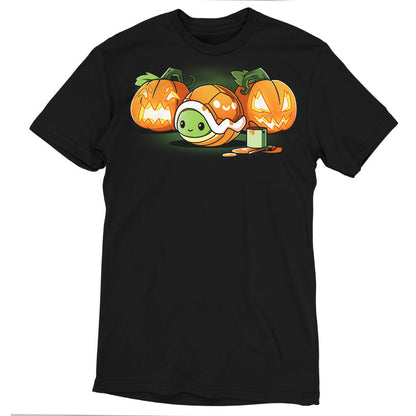 Premium Cotton T-shirt_Teeturtle Jack-o-Lantern Turtle black t-shirt featuring a small turtle is nestled inside an orange shell. It's surrounded by three carved pumpkins with glowing faces and a paint can with a brush.