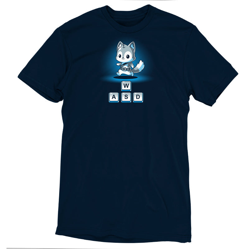 Premium Cotton T-shirt_TeeTurtle Keys to Adventure navy blue t-shirt featuring a fox character above game controls.