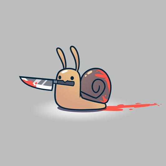 Premium Cotton T-shirt_TeeTurtle silver gray Killer Snail. Featuring a bloody snail holding a bloody knife in its mouth.