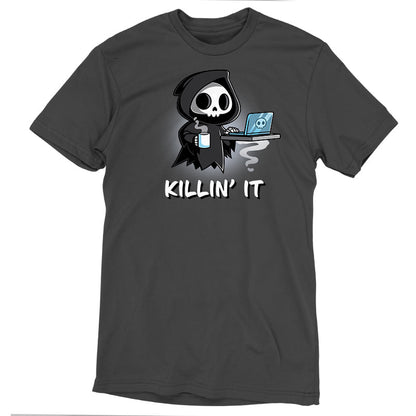 Premium Cotton T-shirt_TeeTurtle Killin' It charcoal gray t-shirt featuring a Grim Reaper with a laptop and coffee cup, accompanied by the word pun tagline "KILLIN' IT."