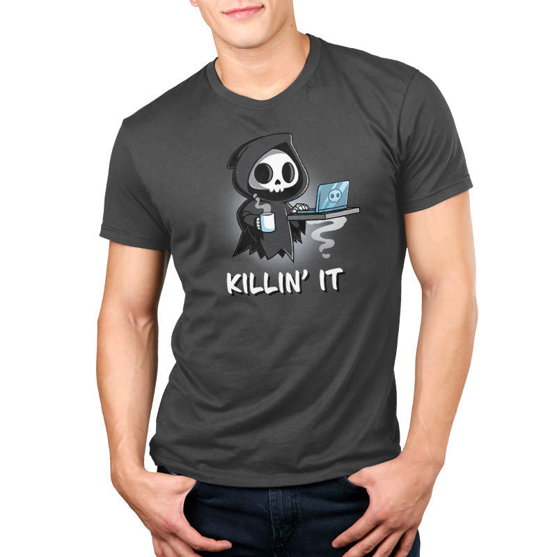 Premium Cotton T-shirt_TeeTurtle Killin' It charcoal gray t-shirt featuring a Grim Reaper with a laptop and coffee cup, accompanied by the word pun tagline "KILLIN' IT."