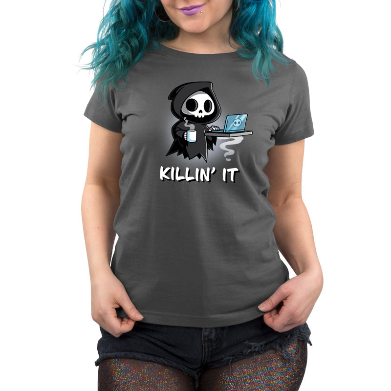 Premium Cotton T-shirt_TeeTurtle Killin' It charcoal gray t-shirt featuring a Grim Reaper with a laptop and coffee cup, accompanied by the word pun tagline "KILLIN' IT."