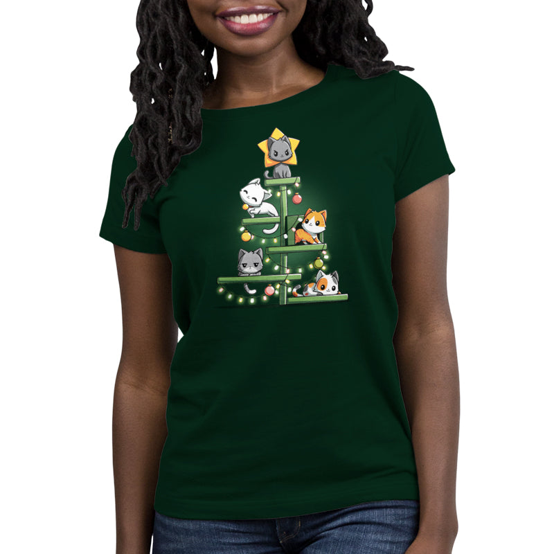 Premium Cotton T-shirt_TeeTurtle forest green Kitty Christmas Tree t-shirt featuring a group of cats on a cat tree with holiday decor draped on it.