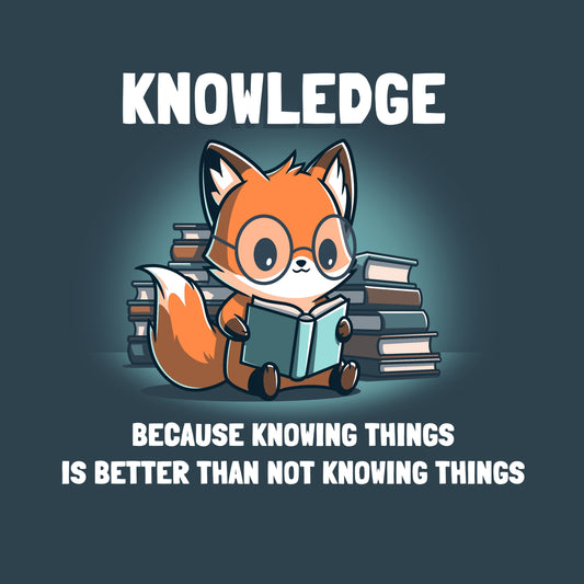 Premium Cotton T-shirt _TeeTurtle Knowing Things Denim Blue t-shirt featuring a fox wearing glasses, reading a book, with stacks of books behind it. 