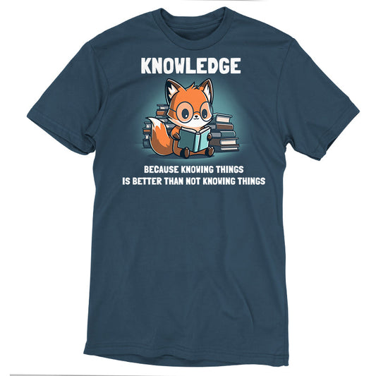 Premium Cotton T-shirt _TeeTurtle Knowing Things Denim Blue t-shirt featuring a fox wearing glasses, reading a book, with stacks of books behind it. 