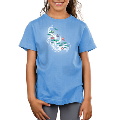 Premium Cotton T-shirt_TeeTurtle Leaping Lily Pads light blue t-shirt featuring a green, gray and red frog hopping onto lily pads.