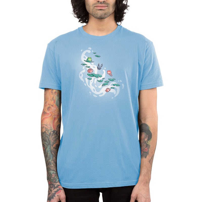 Premium Cotton T-shirt_TeeTurtle Leaping Lily Pads light blue t-shirt featuring a green, gray and red frog hopping onto lily pads.