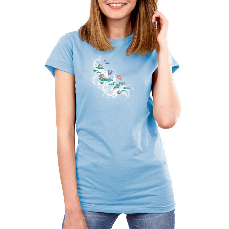 Premium Cotton T-shirt_TeeTurtle Leaping Lily Pads light blue t-shirt featuring a green, gray and red frog hopping onto lily pads.