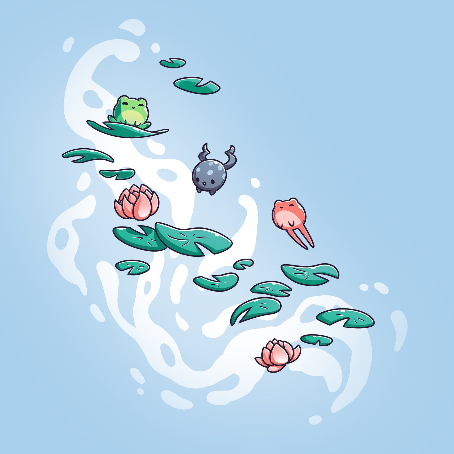 Premium Cotton T-shirt_TeeTurtle Leaping Lily Pads light blue t-shirt featuring a green, gray and red frog hopping onto lily pads.