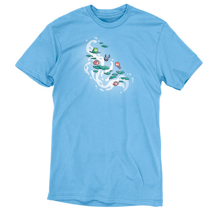 Premium Cotton T-shirt_TeeTurtle Leaping Lily Pads light blue t-shirt featuring a green, gray and red frog hopping onto lily pads.