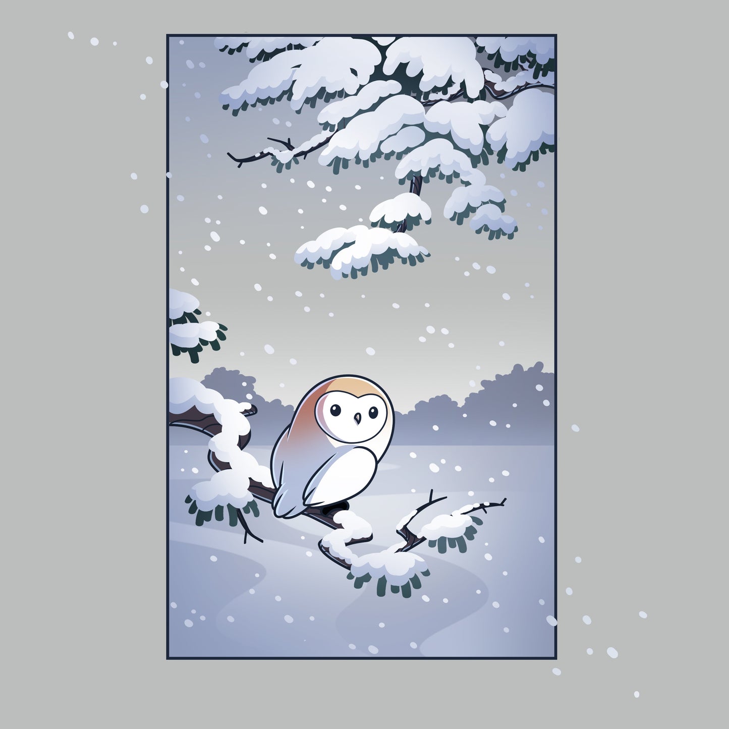 Premium Cotton T-shirt_TeeTurtle silver gray Snowy Owl apparel featuring a barn owl perched on a snowy branch with snow falling in the background.