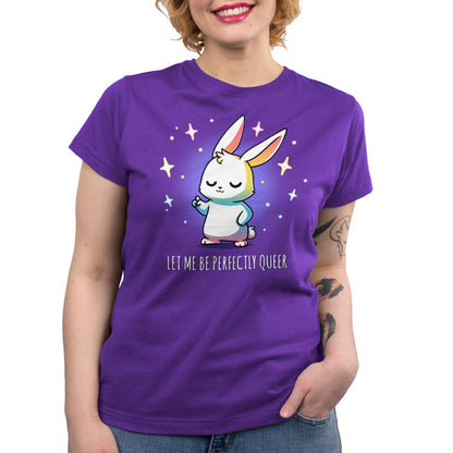 Premium Cotton T-shirt_TeeTurtle Let Me Be Perfectly Queer purple t-shirt featuring a confident rabbit with closed eyes, surrounded by stars.