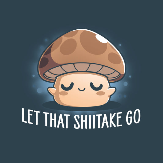 Premium Cotton T-shirt_TeeTurtle Let That Shiitake Go denim t-shirt featuring a cute zen mushroom with its eyes closed and a pun underneath it.