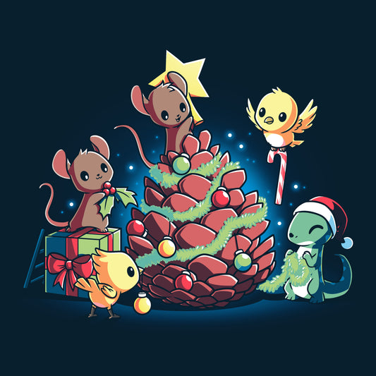 Premium Cotton T-shirt - A fa la la-dorable Teddy Bear wearing a TeeTurtle sweater, surrounded by playful mice and standing next to a beautifully decorated Christmas tree showcasing the Little Critter's Christmas from TeeTurtle.